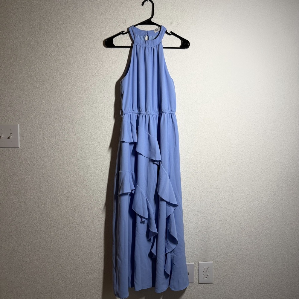 Grace Karin Maxi Dress Womens Small Blue Ruffled Tiered Halter Neck Keyhole Back